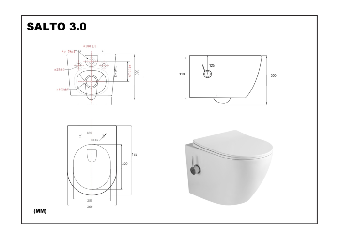 Vas WC suspendat rimless fara margini Salto Alb si capac Soft Close Duroplast cu inchidere lenta si cu Baterie Bideu incorporata apa calda - rece  - 49x36x36cm [3]
