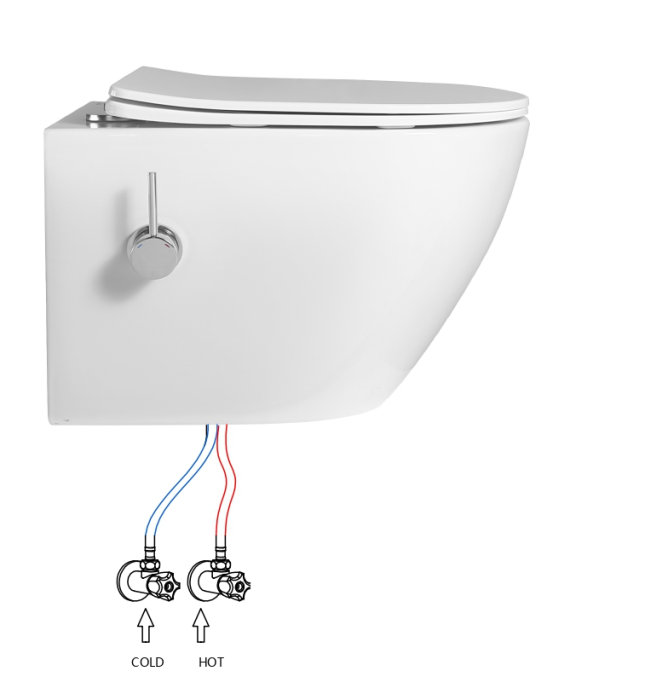 Vas WC suspendat rimless fara margini Salto Alb si capac Soft Close Duroplast cu inchidere lenta si cu Baterie Bideu incorporata apa calda - rece  - 49x36x36cm [2]