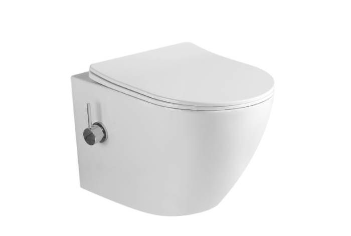 Vas WC suspendat rimless fara margini Salto Alb si capac Soft Close Duroplast cu inchidere lenta si cu Baterie Bideu incorporata apa calda - rece  - 49x36x36cm [4]