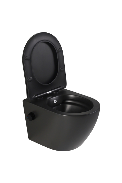Vas WC suspendat rimless fara margini Sofia Negru si capac Soft Close Duroplast cu inchidere lenta si cu Baterie Bideu Neagra incorporat apa calda - rece 49x36x36cm [4]