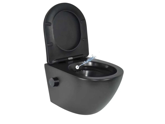 Vas WC suspendat rimless fara margini Sofia Negru si capac Soft Close Duroplast cu inchidere lenta si cu Baterie Bideu Neagra incorporat apa calda - rece 49x36x36cm [5]