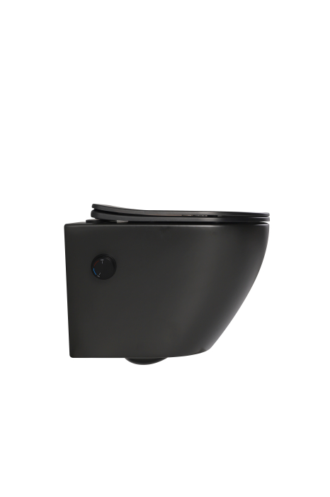 Vas WC suspendat rimless fara margini Sofia Negru si capac Soft Close Duroplast cu inchidere lenta si cu Baterie Bideu Neagra incorporat apa calda - rece 49x36x36cm [2]