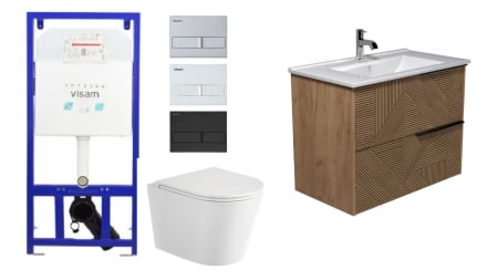 Set Rezervor Incastrat in Pachet  WC / Bide - 6 in 1 Set Baie Mobilier cu Lavoar integrat 81cm cu Cadru Metalic Rezervor Visam si Vas WC suspendat alb Rimless cu Capac  SoftClose