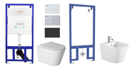 Set Rezervor Incastrat in Pachet  WC / Bide - 6 in 1  Set Rezervor incastrat Visam Slim 80 clapeta alba/gri/negru  cu Vas WC Suspendat Atena alb si capac UV softclose + Cadru Metalic cu Bide Atena  Alb Suspendat