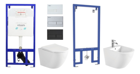 Set Rezervor Incastrat in Pachet  WC / Bide - 6 in 1  Set Rezervor incastrat Visam Slim 80 clapeta alba/gri/negru  cu Vas WC Suspendat Sofia alb si capac UV softclose + Cadru Metalic cu Bide Sofia Alb Suspendat 49x36x36