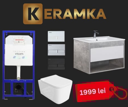 Mobilier Baie - Set 6 in 1 Mobilier Masca Baie Oslo Loft 80 cu Lavoar Su-80 + Vas WC Como Rimless cu Capac Soft Close și Cadru metalic Visam 80 Slim 80