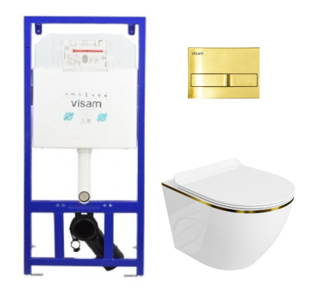 Vas WC suspendate - Set 4 in 1 Rezervor incastrat Visam Slim 80 clapeta aurie lucioasa  cu Vas WC Suspendat Sofi Gold Line si capac UV softclose