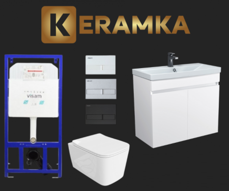 Mobilier Baie - Set 6 in 1 Mobilier Masca Baie Suspendat Urban 80 cu Lavoar Sempre-80 + Vas WC Suspendat Rimless cu Capac Soft Close și Cadru metalic Visam Slim 80