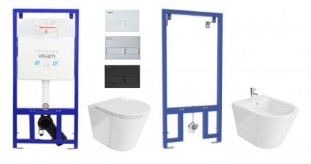 Vas WC suspendate - Set 6 in 1 Rezervor incastrat Visam Slim 80 clapeta alba/gri/negru  cu Vas WC Suspendat Galve alb si capac UV softclose + Cadru Metalic cu Bide Galve Alb Suspendat