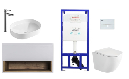 Oferte PROMO - Set Baie Complet 7 in 1 cu Vas WC Suspendat Rimless, Mobilier Baie MDF Alb 80cm, Lavoar On Top si Baterie Inalta – Rezervor Incastrat Visam Slim
