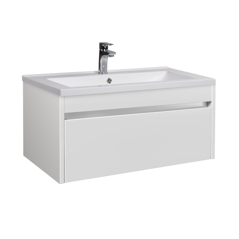 Mobilier Baie - Set Mobilier Baie Suspendat din MDF Vopsit-Lacuit Prime 80-A + Lavoar Blat integrat Alb Compozit Cosmo 80 / 800x430x450mm