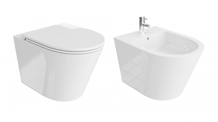 Vas WC suspendate - Set Vas WC  Galve suspendat Tornado Rimless alb ceramica cu capac UV softclose + Bide Galve Suspendat Alb