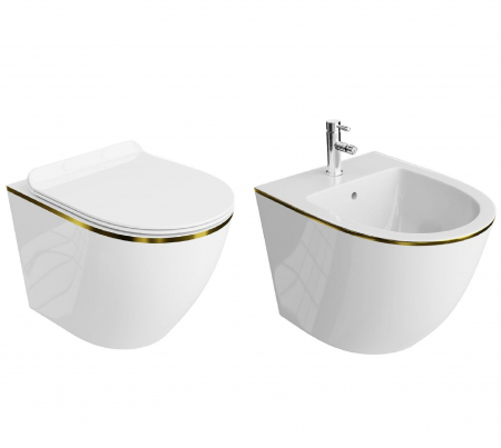 Vas WC suspendate - Set Vas WC suspendat rimless Sofi Gold Line cu capac Softclose + Bideu Sofi Gold Line Suspendat