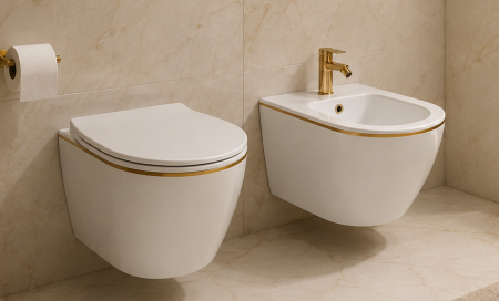 Set 2 in 1  Vas WC si bideu suspendat - Set Vas WC suspendat rimless Sofia Gold Line cu capac Softclose + Bideu Sofia Gold Line Suspendat 49x36x36