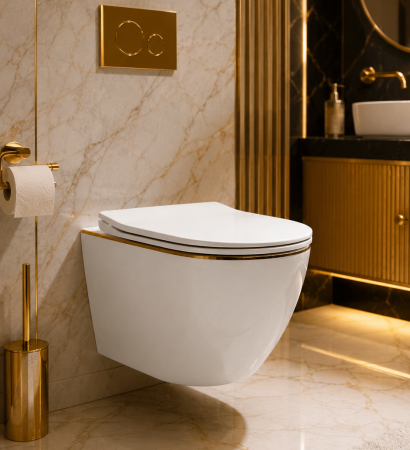 Vas WC Suspendat GOLD - Set Vas WC suspendat Rimless si Capac SoftClose Gold
