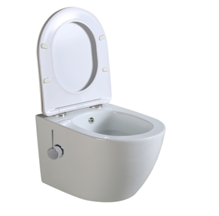 Vas WC Suspendat cu Functie Bideu Integrat - Vas WC suspendat rimless fara margini Salto Alb si capac Soft Close Duroplast cu inchidere lenta si cu Baterie Bideu incorporata apa calda - rece  - 49x36x36cm