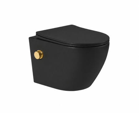 Vas WC Suspendat cu Functie Bideu Integrat - Vas WC suspendat rimless fara margini Sofia Negru si capac Soft Close Duroplast cu inchidere lenta si cu Baterie Bideu Gold incorporat apa calda - rece T49x36x36cm