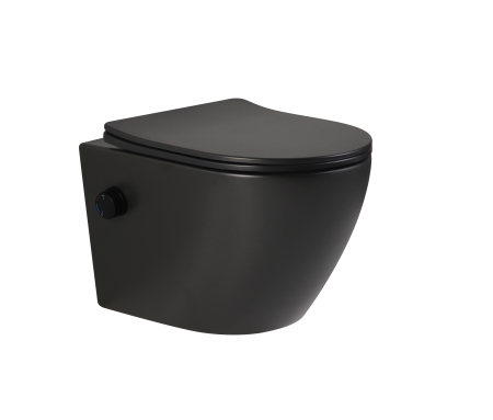 Vas WC Suspendat Negru - Vas WC suspendat rimless fara margini Sofia Negru si capac Soft Close Duroplast cu inchidere lenta si cu Baterie Bideu Neagra incorporat apa calda - rece 49x36x36cm