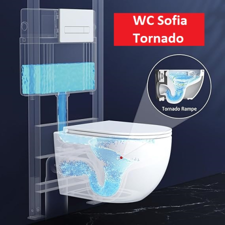 Vas WC suspendat - Set Vas WC  Sofia suspendat Rimless Tornado alb ceramica cu capac soft-close T203T