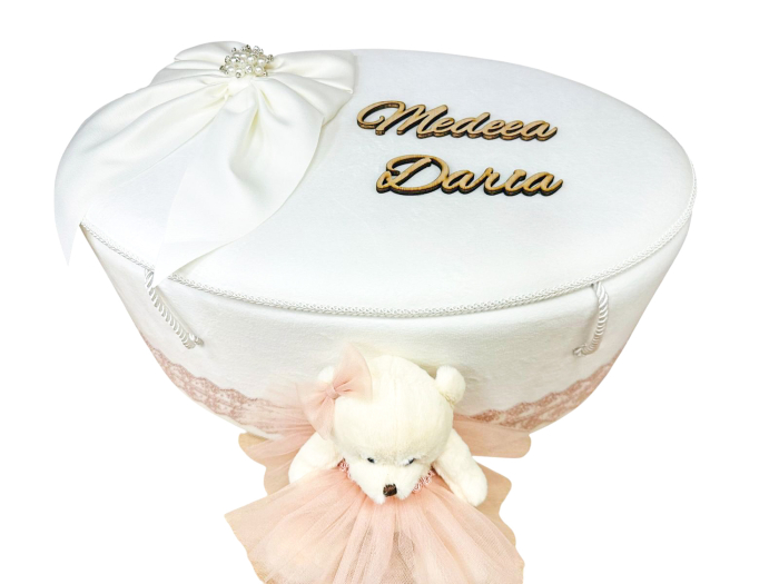 Trusou botez alb cu dantela roz si  ursulet [4]