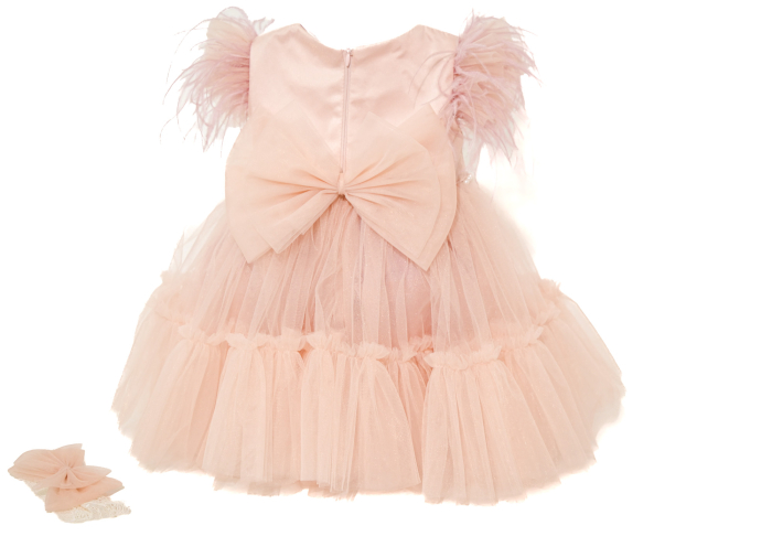 Rochie Mara din tulle si pene roz praf [4]