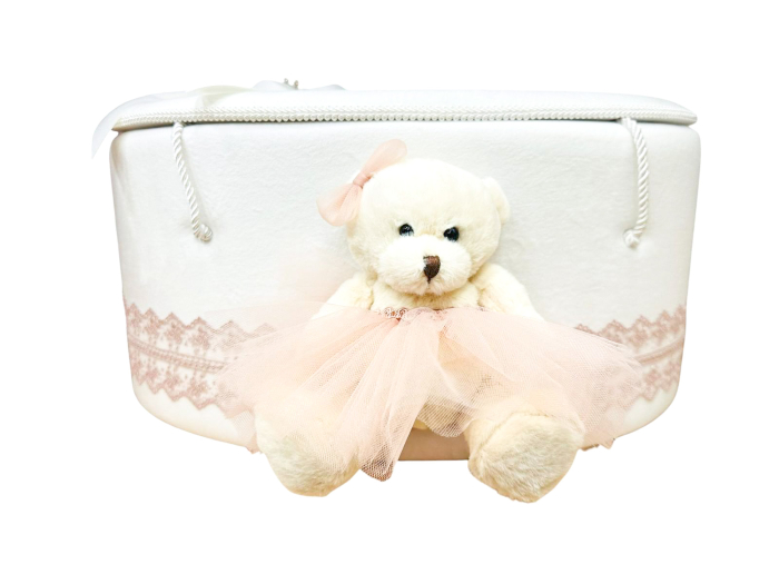 Trusou botez alb cu dantela roz si  ursulet [3]