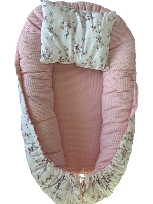 Baby Nest Reversibil Floral Roz cu Pernă Inclusă pentru Bebeluși [6]