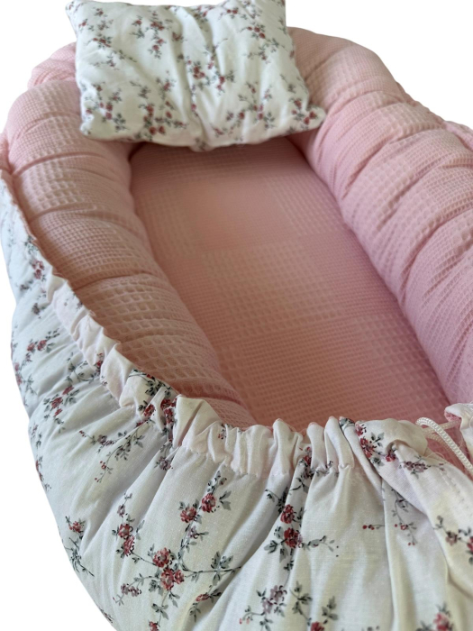 Baby Nest Reversibil Floral Roz cu Pernă Inclusă pentru Bebeluși [5]