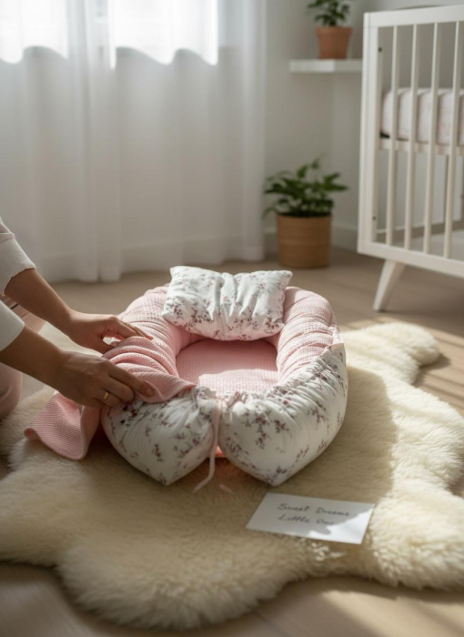 Baby Nest Reversibil Floral Roz cu Pernă Inclusă pentru Bebeluși [7]