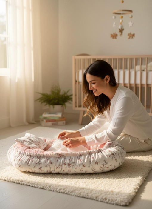 Baby Nest Reversibil Floral Roz cu Pernă Inclusă pentru Bebeluși [2]