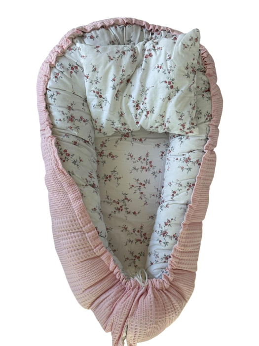 Baby Nest Reversibil Floral Roz cu Pernă Inclusă pentru Bebeluși [10]