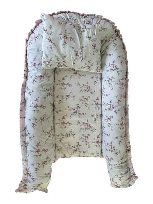 Baby Nest Reversibil Floral Roz cu Pernă Inclusă pentru Bebeluși [8]