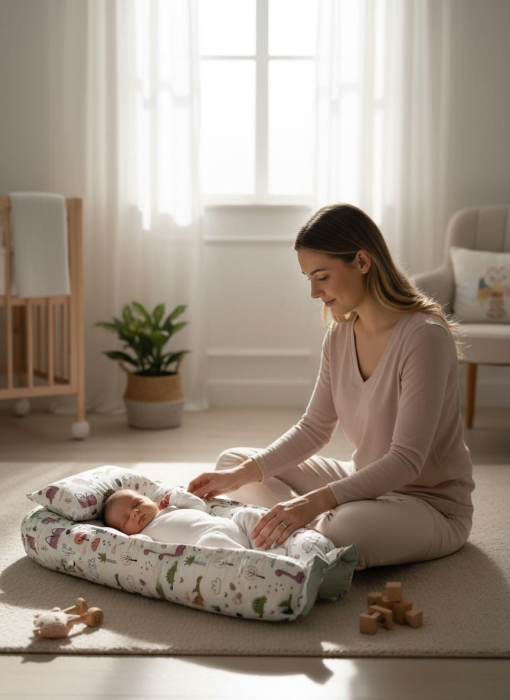 Baby Nest Reversibil Dino Mint cu Pernă pentru Bebeluși [5]