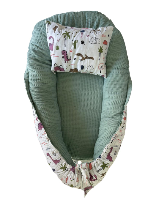 Baby Nest Reversibil Dino Mint cu Pernă pentru Bebeluși [7]