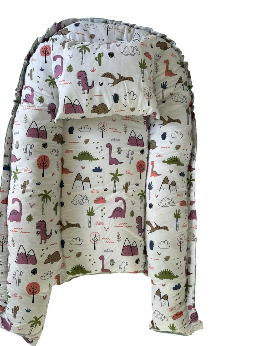 Baby Nest Reversibil Dino Mint cu Pernă pentru Bebeluși [4]