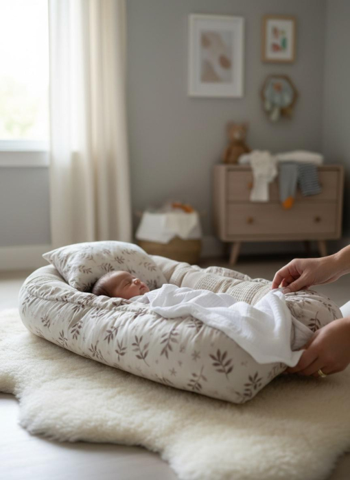 Baby Nest Reversibil Nature Beige cu Pernă pentru Bebeluși [7]