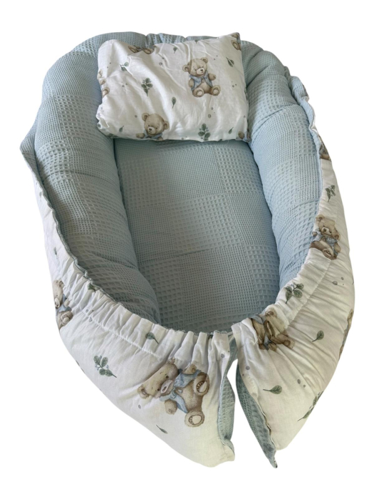 Baby Nest Reversibil Teddy Blue Mint cu Pernă pentru Bebeluși [8]