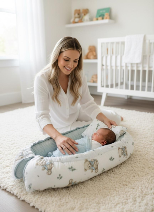 Baby Nest Reversibil Teddy Blue Mint cu Pernă pentru Bebeluși [4]