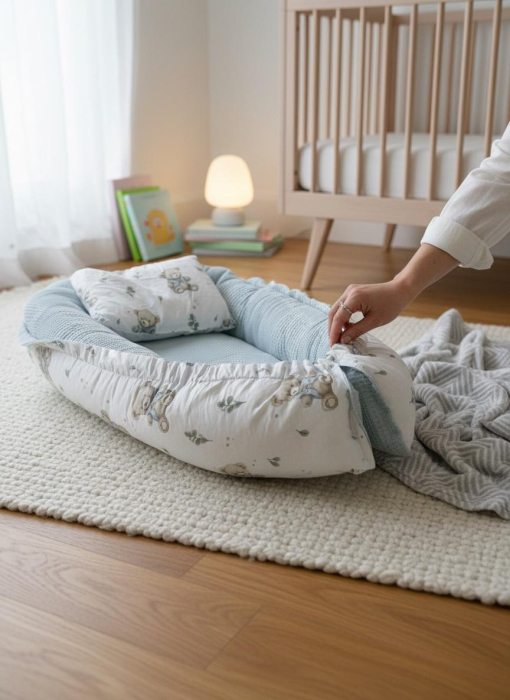 Baby Nest Reversibil Teddy Blue Mint cu Pernă pentru Bebeluși [7]