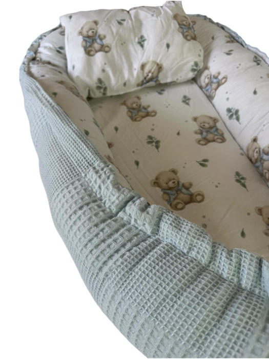 Baby Nest Reversibil Teddy Blue Mint cu Pernă pentru Bebeluși [6]