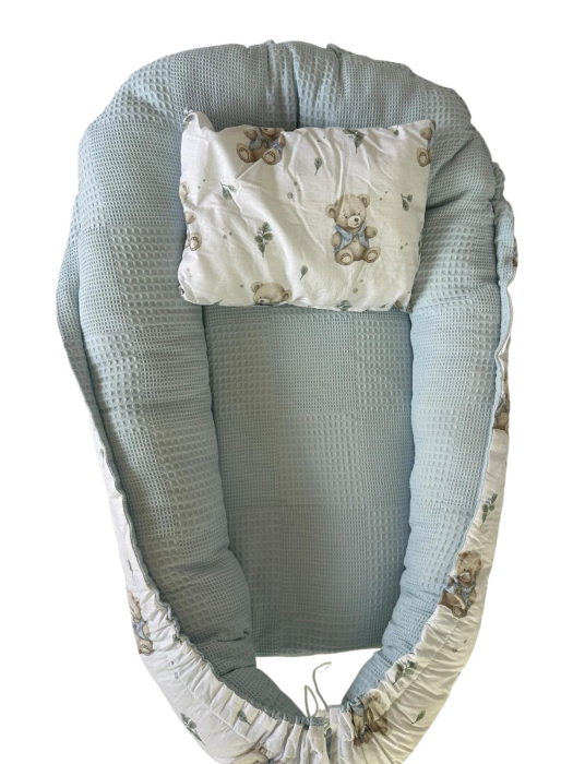 Baby Nest Reversibil Teddy Blue Mint cu Pernă pentru Bebeluși [3]
