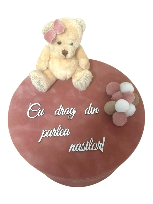Cutie trusou de botez fetiță roz pudrat cu ursuleț și mesaj „Cu drag din partea nașilor” [2]