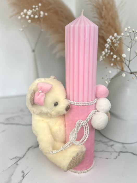 Lumânare de Botez Roz cu Ursuleț și Pompoane Decorative pentru Fetițe [2]