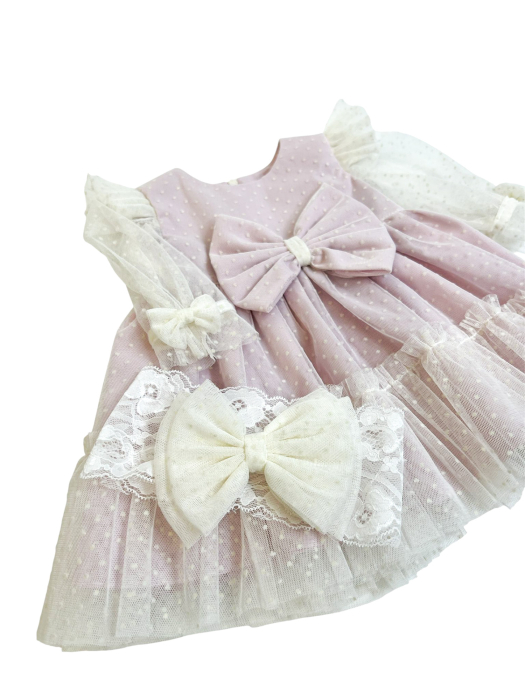 Rochie fetite eleganta roz cu maneca transparenta 0-18 luni [4]