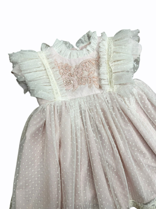 Rochie Ilaria roz cu dantela si maneca scurta 0-18 luni [5]