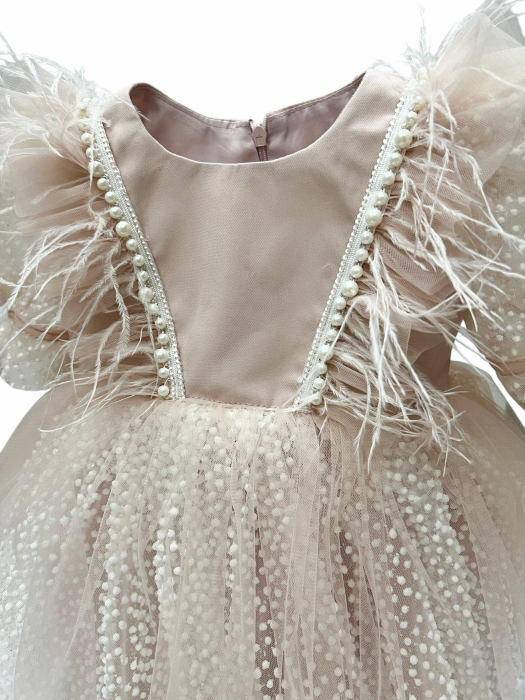 Rochiță Elegantă Beatrice Roz Praf cu Tulle și Pene pentru Fetițe 0-18 luni [5]