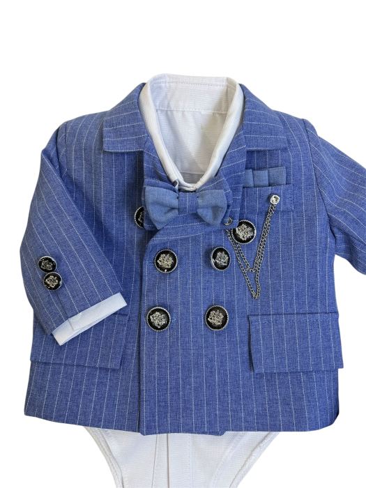 Royal Blue Gentleman – Costum botez bebeluși albastru elegant cu papion, sacou cu dungi și lanț decorativ [3]