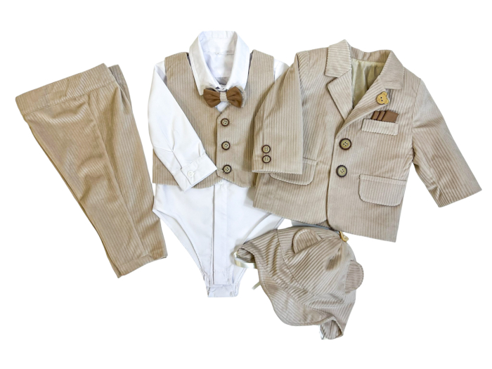 Teddy Classic – Costum botez bebeluși din reiat bej cu papion și batistă, set premium băieți (0-18 luni) [4]