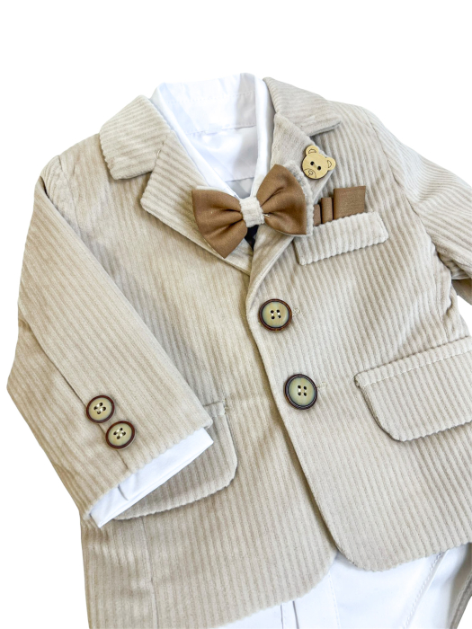 Teddy Classic – Costum botez bebeluși din reiat bej cu papion și batistă, set premium băieți (0-18 luni) [3]