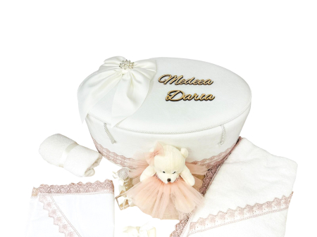 Trousou fetita - Trusou botez alb cu dantela roz si  ursulet